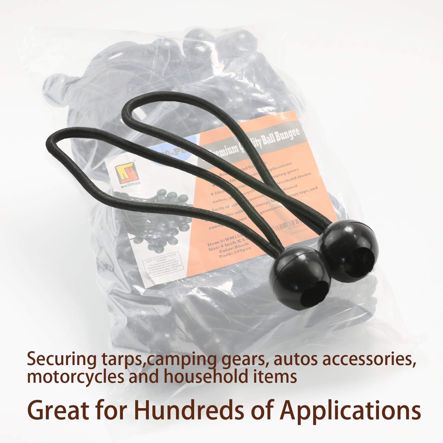 6 inch 100 Piece Heavy Duty 5mm Ball Bungee Canopy Cord By Wellmax, Black Color - - 