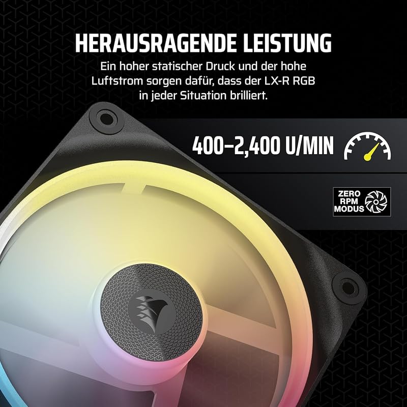 iCUE LINK LX120-R RGB 120mm PWM-Umkehrlüfter – Dreifach-Lüfter-Kit – Geräuscharm, CORSAIR Magnetische Kuppellagerung, Zwei Lichtschleifen, QuikTurn™-Schrauben, Null-Drehzahl-Modus – Schwarz