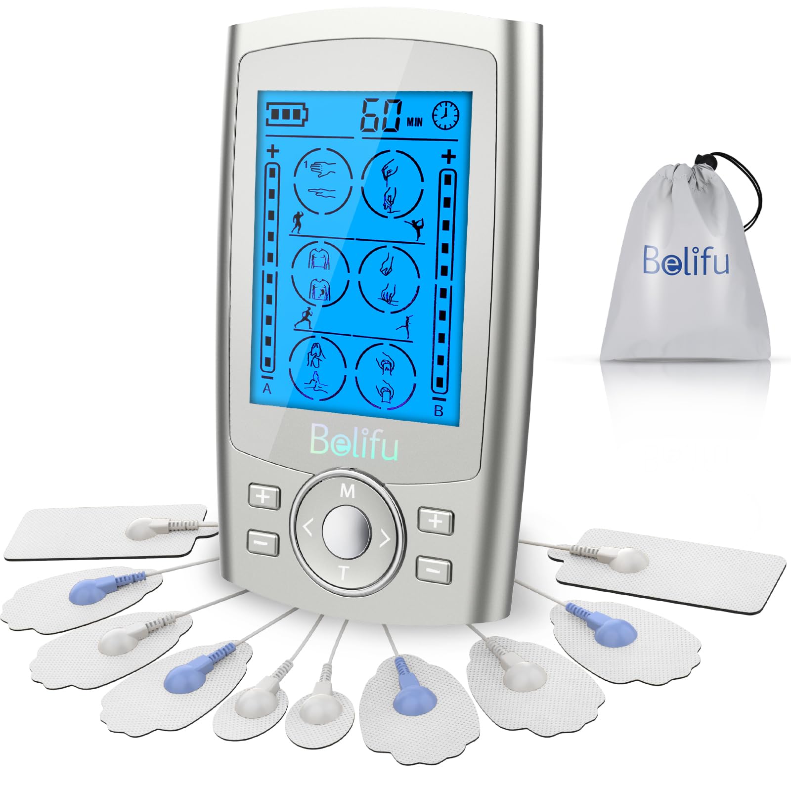 Belifu Dual Channel TENS EMS Unit 24 Modes Muscle Stimulator for Pain Relief Therapy, Electronic Pulse Massager Muscle Massager with 10 Pads, Dust-Proof Drawstring Storage Bag, Fastening Cable Ties Image