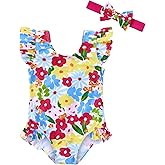 Redair Toddler Girl Swimsuit One Piece Baby Bathing Suit Ruffle Kids Swimwear with Headband for 12M-5T