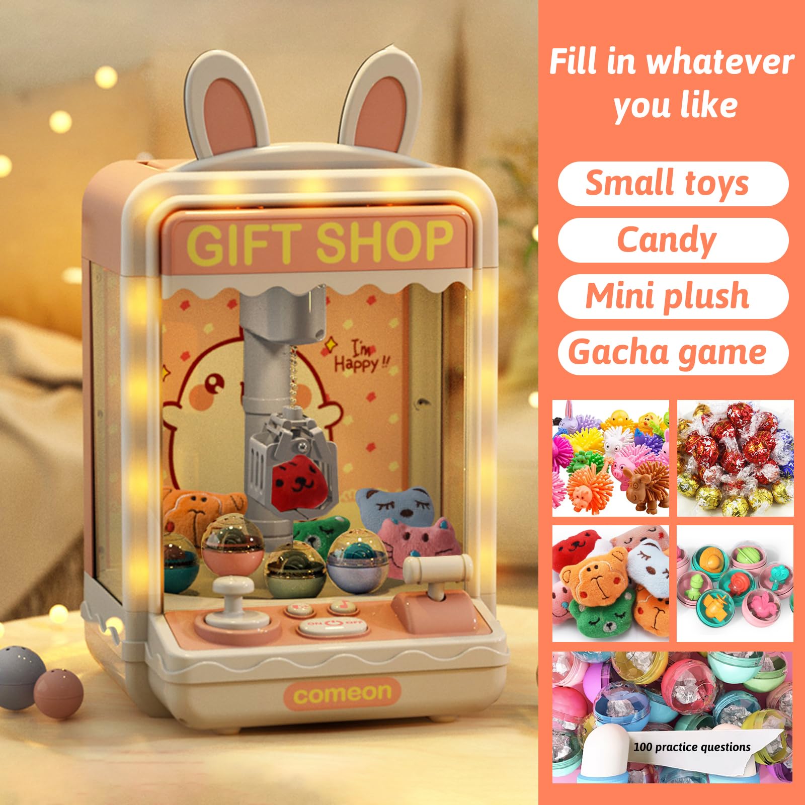 JUXUE Mini Claw Machine for Kids, Arcade Games for Home, Large Candy Claw Machine with Toys Inside, Vending Machines Toys, Prize Dispenser, Party Christmas Birthday Gifts for 6-8-10 Year Old Girls