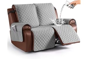KinCam Loveseat Recliner Covers for 2 Seat, 100% Waterproof Reclining Loveseat Covers, Non-Slip Recliner Cover Furniture Protector with Elastic Straps for Pets, Kids, Light Gray