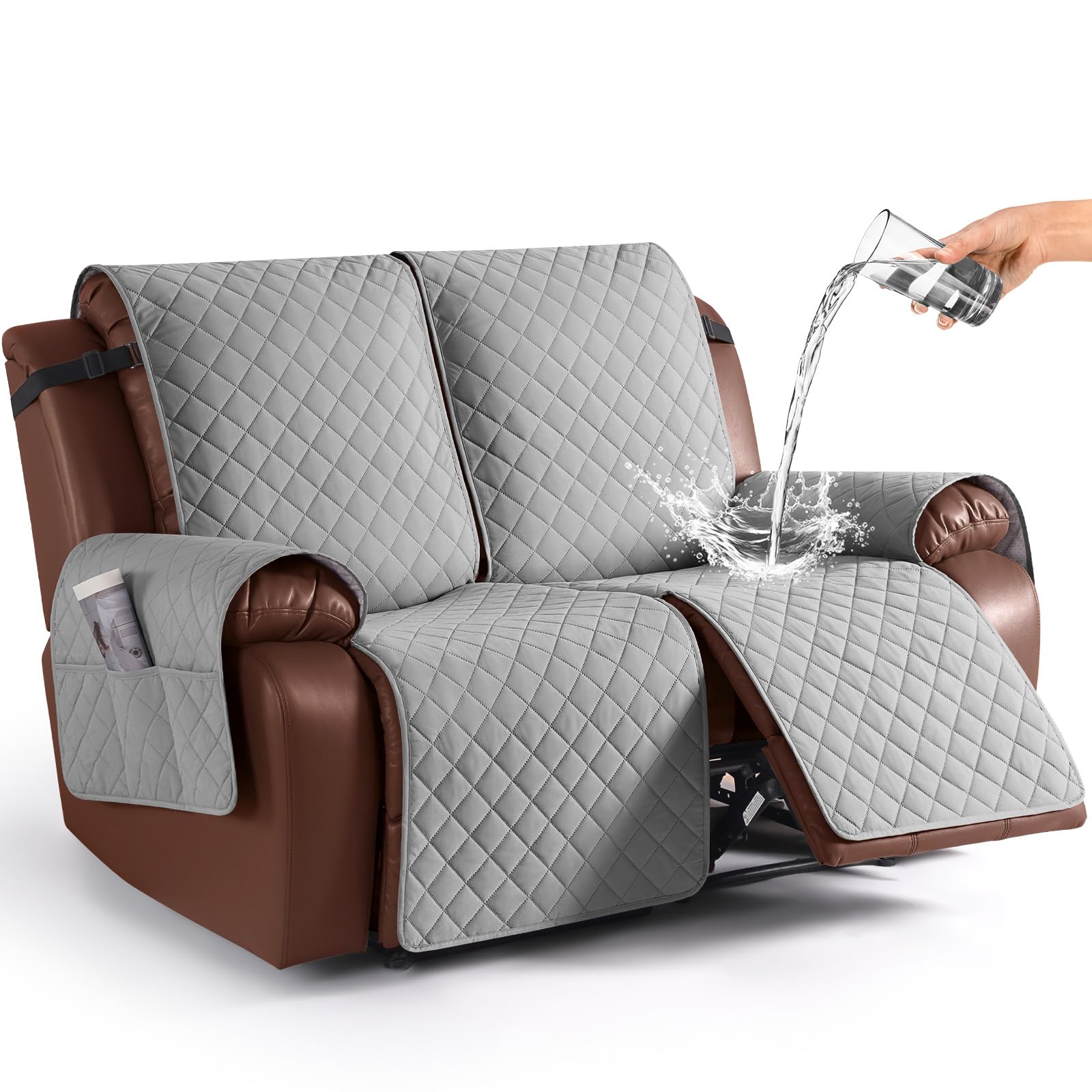 Photo 1 of KinCam Loveseat Recliner Covers for 2 Seat, 100% Waterproof Reclining Loveseat Covers, Non-Slip Recliner Cover Furniture Protector with Elastic Straps for Pets, Kids, Light Gray