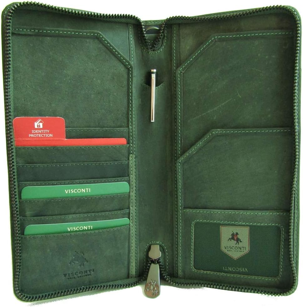 Visconti Wing Unisex Hunter Leather Travel Wallet for Passport ID Currency Card Pen Boarding Pass RFID Security Detachable Wrist Strap Style 728 (Oil Green)