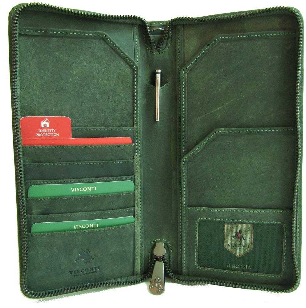 Visconti Wing Unisex Hunter Leather Travel Wallet for Passport ID Currency Card Pen Boarding Pass RFID Security Detachable Wrist Strap Style 728 (Oil Green)