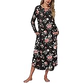 Marvmys Women Long Sleeve Nightgowns Round Neck Long Nightshirts with Pocket Sleepwears S-3XL