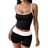 Hilinker Womens Sexy Pajamas 2 Piece Color Block Crop Cami and Shorts Set Summer Cute Pjs