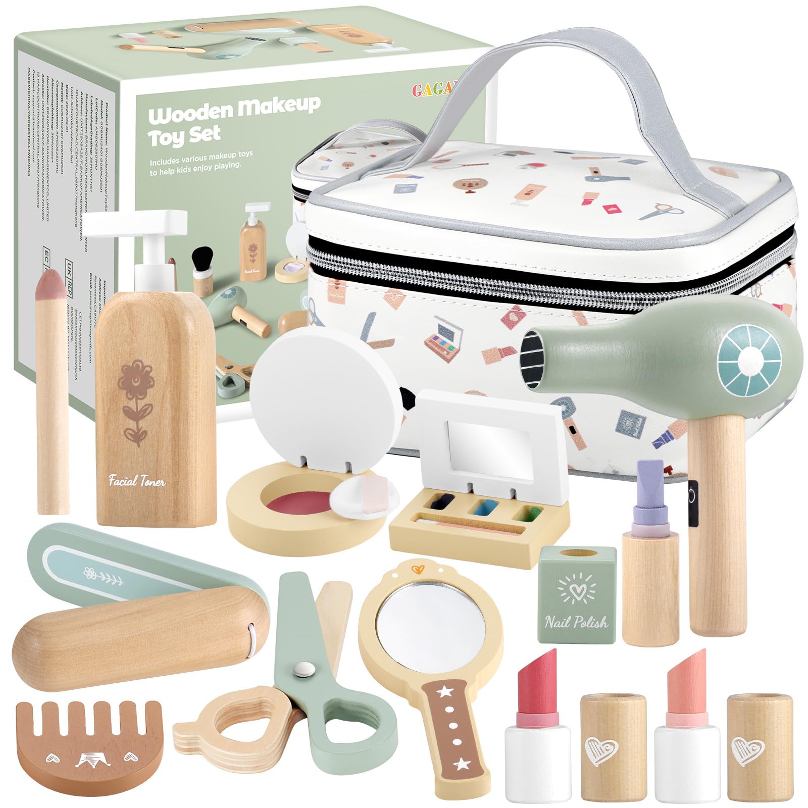 GAGAKU 16-Piece Wooden Make Up Set for Kids, Pretend Play Beauty Kit for Girls with Realistic Accessories | Ideal Toddler Make Up Set Age 3+ & Creative Gift — image 1