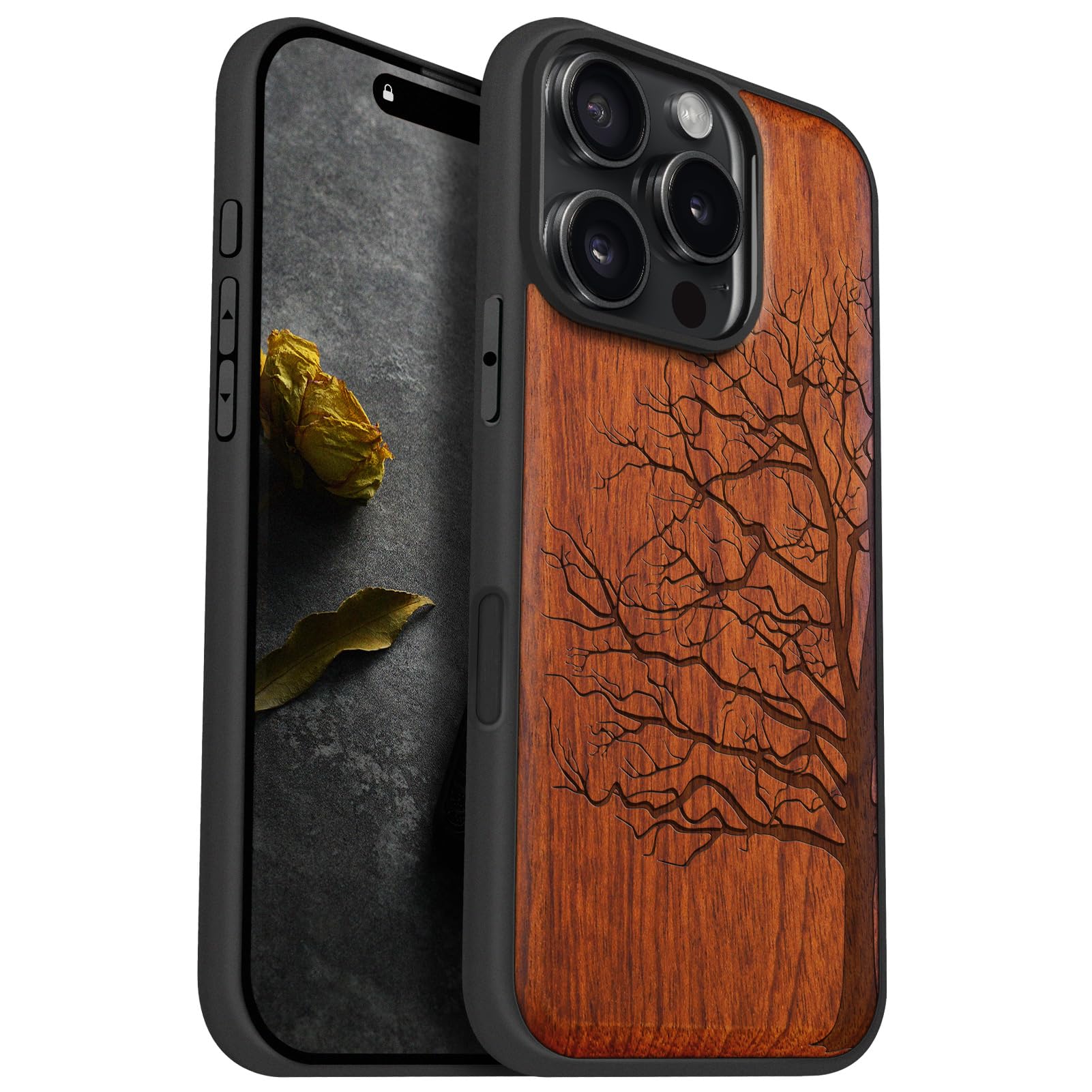 Carveit Magnetic Case for iPhone 16 Pro [Solid Wood & Black Soft TPU] Shockproof Protective Cover Unique Wooden Case Compatible with magsafe (Eternal Tree -Red Wood)