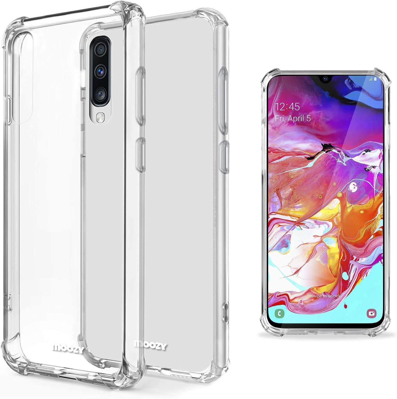 Moozy Shockproof Silicone Case for Samsung A70 - Transparent Case with Shock Absorbing 3D Corners Crystal Clear Protective Phone Case Soft TPU Silicone Cover