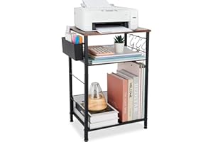 LEKETREE Small Under Desk Storage, Brown Printer Stand with Storage Shelf, 3-Tier Height Adjustable Printer Table with Basket & 3 Hooks for Home Office Fax Machine Scanner Files