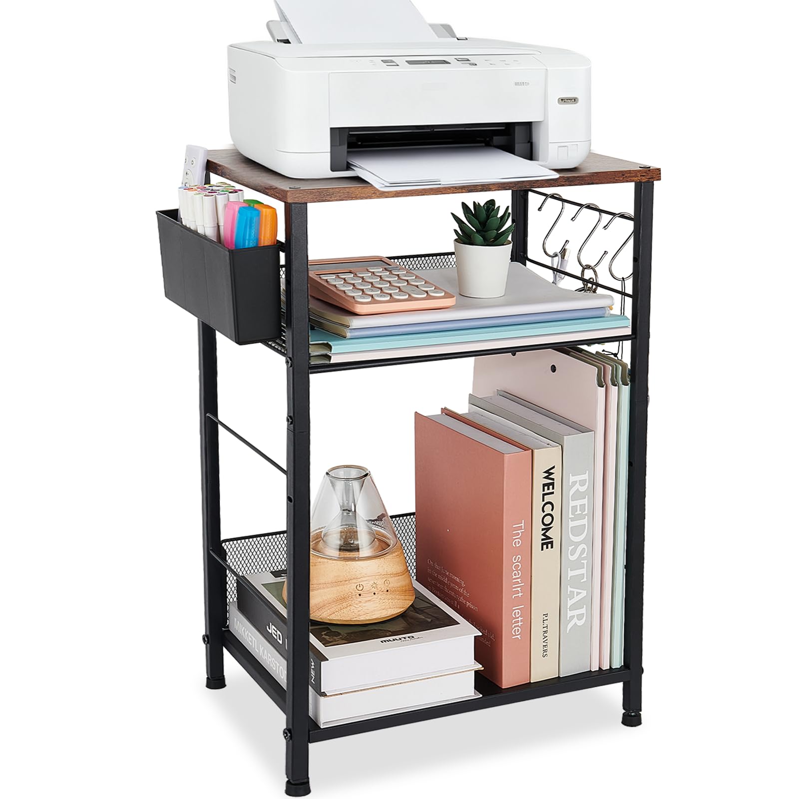 Photo 1 of ***MISSING PARTS - SEE NOTES***
**STOCK PHOTO AS REFERENCE **
LEKETREE Small Under Desk Storage, Brown Printer Stand with Storage Shelf, 3-Tier Height Adjustable Printer Table with Basket & 3 Hooks for Home Office Fax Machine Scanner Files