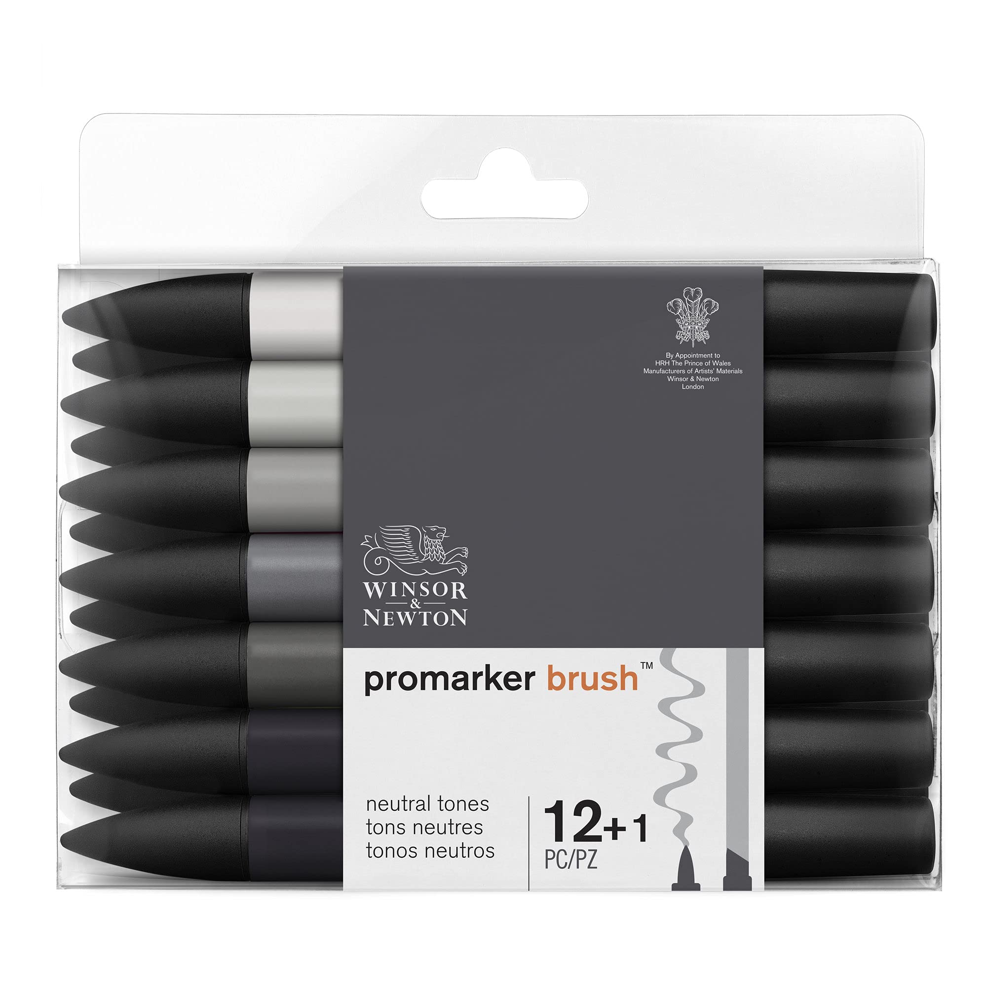Winsor & Newton, Promarker Brush, Neutral Tones, Set of 12 + 1 Blender, Alcohol Based Dual Tip Markers