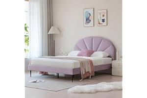 VELOCAVA Full Bed with Seashell Headboard, Velvet Upholstered Platform Bed Frame for Girls Kids with Wooden Slats Support, No Box Spring Needed, Easy Assembly, Dreamy Purple