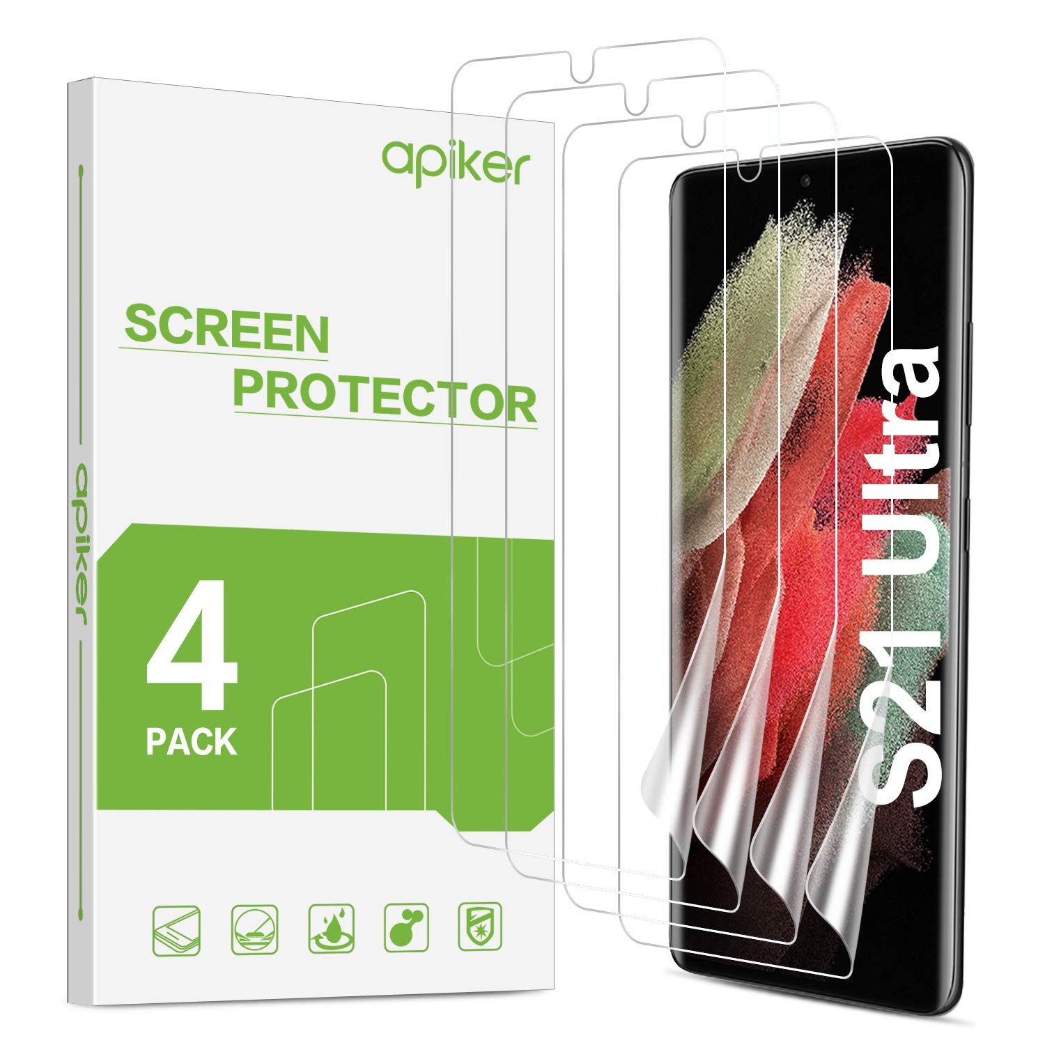 apiker [4 Pack Compatible with Samsung Galaxy S21 Ultra Screen Protector, Soft TPU Galaxy S21 Ultra Screen Protector [Support Fingerprint Sensor] [Case Friendly] [Maximum Coverage][Not Wet Applied]
