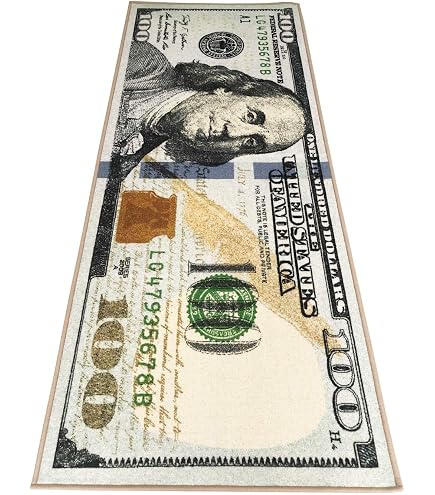 Tapis de billets de 31,5 x 20 cm, tapis de billets de 100 dollars, tapis d' argent en velours cristal avec fond antidérapant, tapis unique et créatif de forme irrégulière pour salon, salle