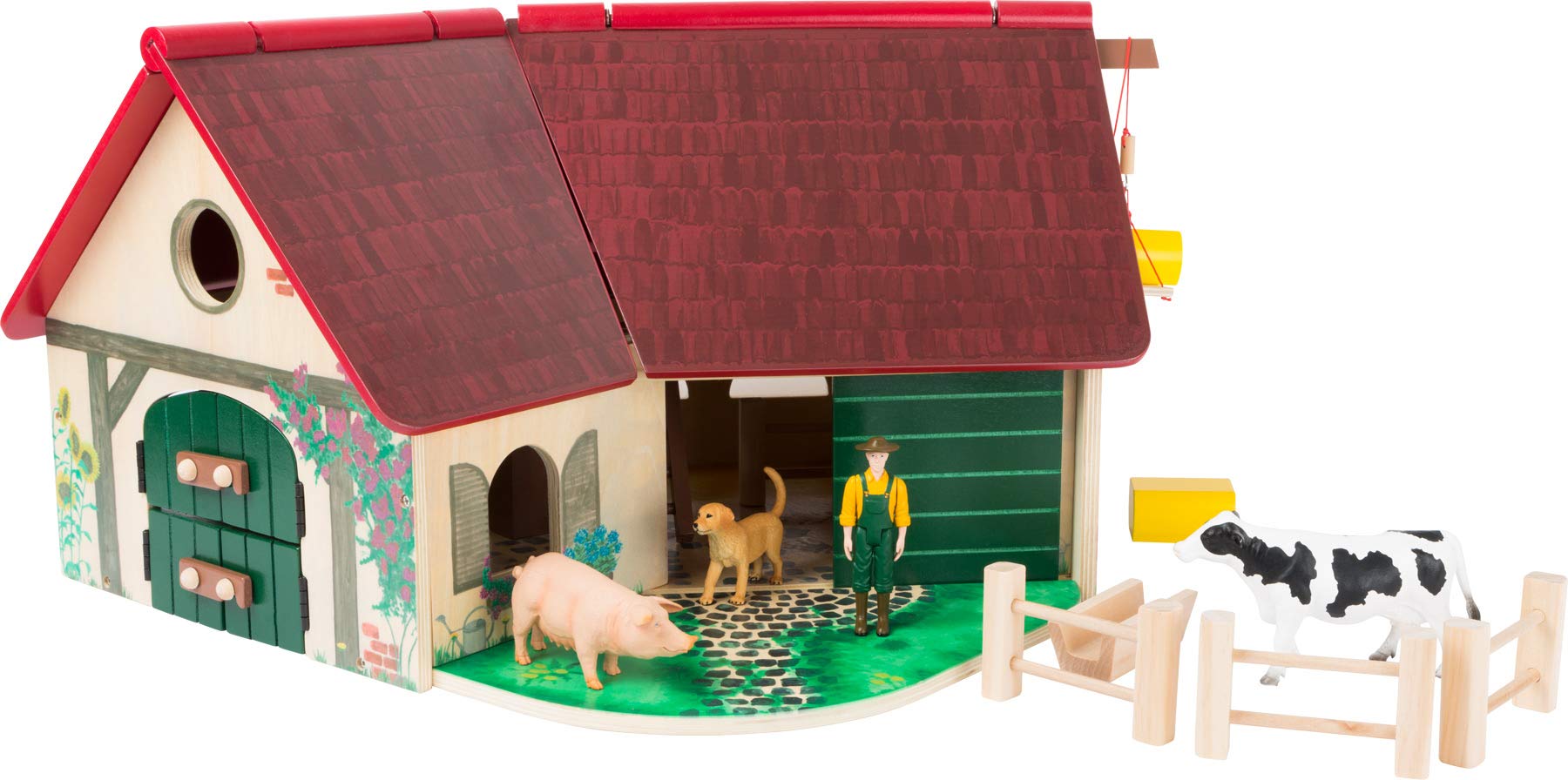 Woodfriends 11005 Wooden farm, with animals, fence, crane, ladder and farmer, 3 years and older