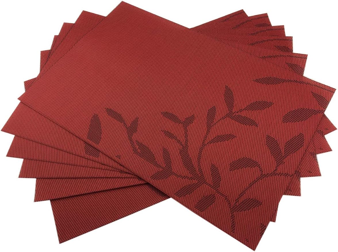 Gugrida Place Mats PVC Set of 6, Table Placemats Set of 6 PVC Washable Woven Vinyl Place Mats Heat Insulation Top Meal Mat Table Mats Natural Color (6 pcs, Red Leaves): Home & Kitchen