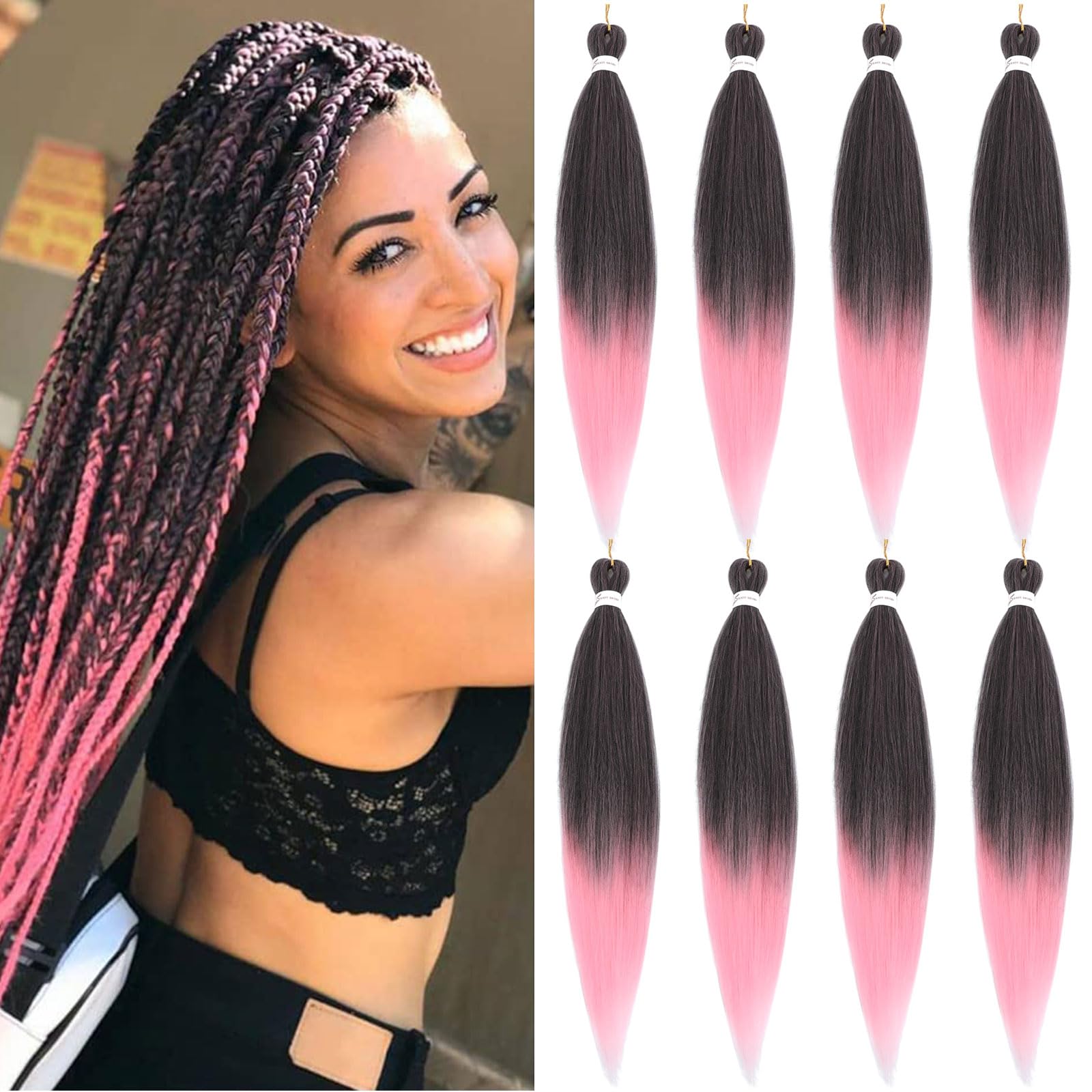 Easy Braid Pre stretched Braiding Hair Extensions - 26 Inch 8Packs Ombre Braiding Hair Soft Yaki Texture Crochet Synthetic Hair Hot Water Setting Crochet Braiding Hair Extensions (1B/Pink#)