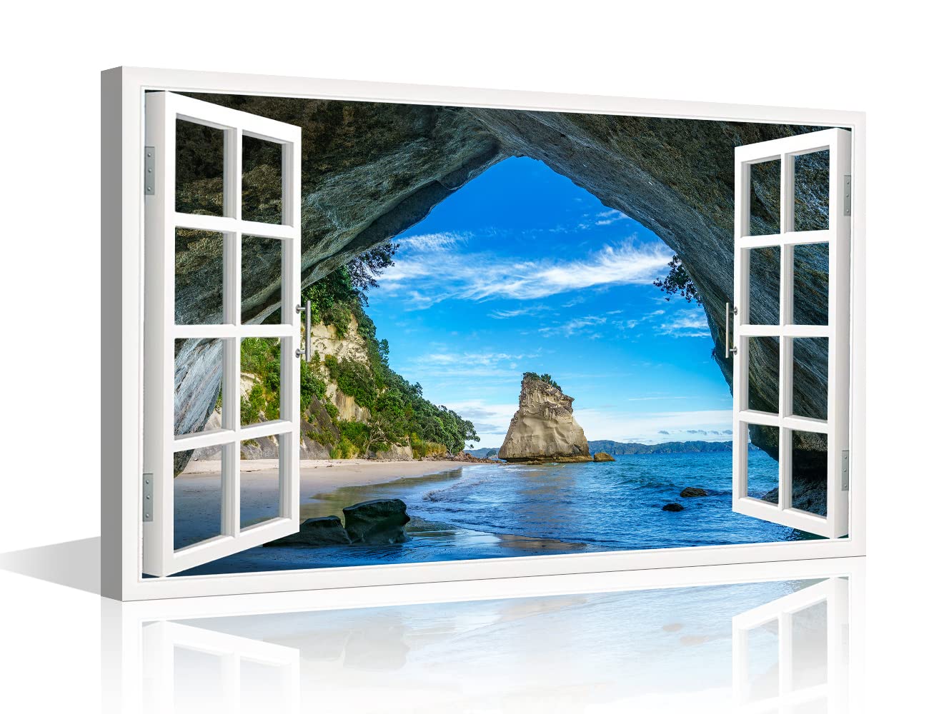 TISHIRON Canvas Wall Art 3D Window Effect Cave at Cathedral Cove Coromandel Painting for Living Room Bathroom Hang Pictures Wall Artwork Office Canvas Art Prints Framed Ready to Hang 16x24inch — image 1