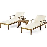 Christopher Knight Home Wesley Outdoor Acacia Wood 3 Piece Chaise Lounge Set, Teak Finish, Cream
