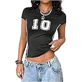 RoseSeek Women's Y2K Sporty Jersey Shirts V Neck Cap Sleeve Tight Crop Tops Street Graphic Tees