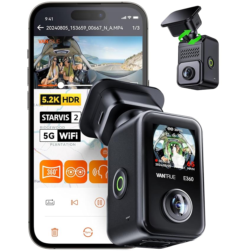 VANTRUE E360 DashCam Panoramica 5.2K HD Doppia lenti 360° 1944P+1944P Copertura Ultra 210°Visione