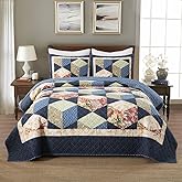 camandy Cotton Bedspread Quilt Bedding Sets Real Patchwork Blue Reversible Coverlet Sets Bedding Sets, Luxury Floral Cubical Pattern, Queen Size