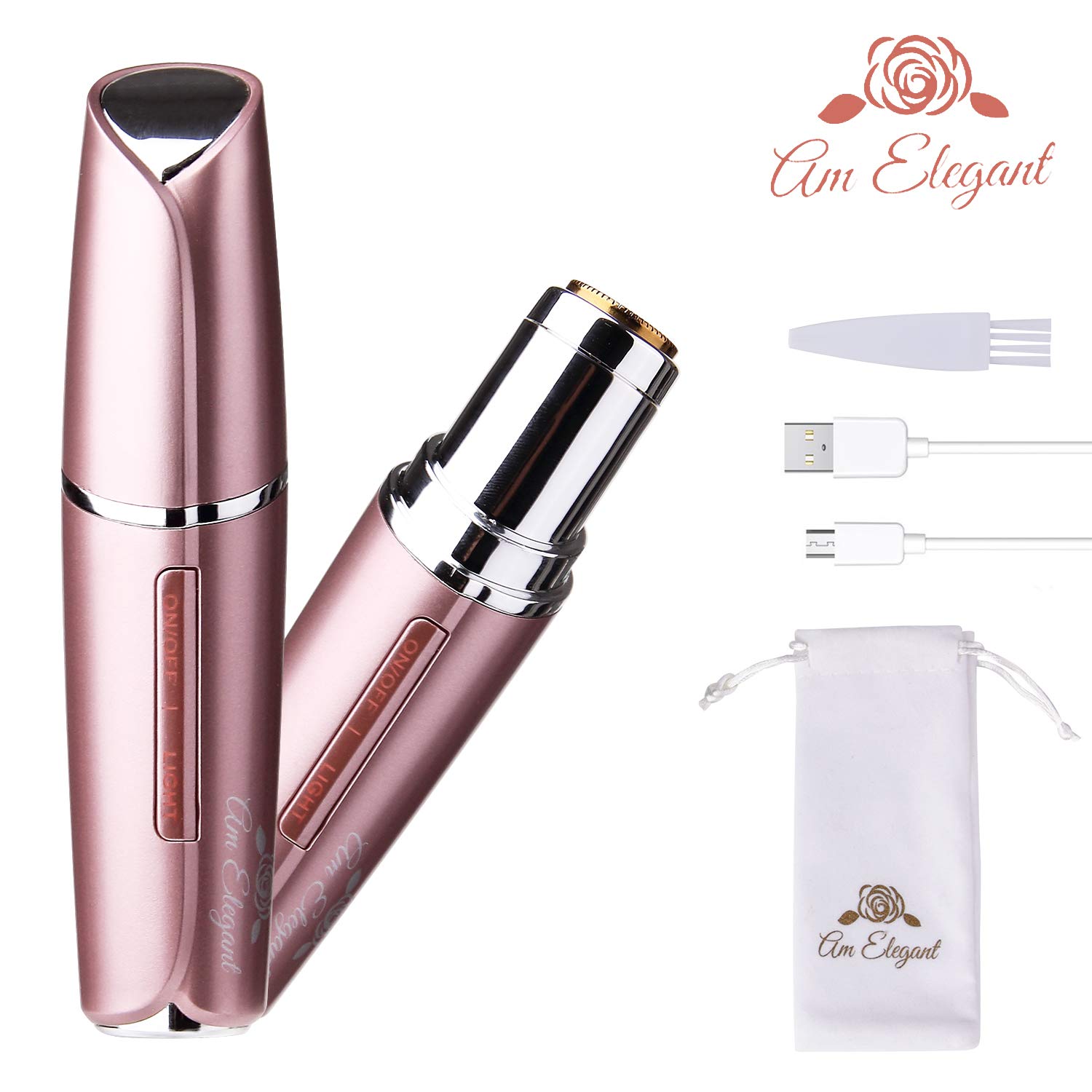 AmElegant PREMIUM Painless Facial Hair Removal For Women | Portable Light-Up Womens Body And Facial Hair Remover Lipstick Style (Rose Gold)