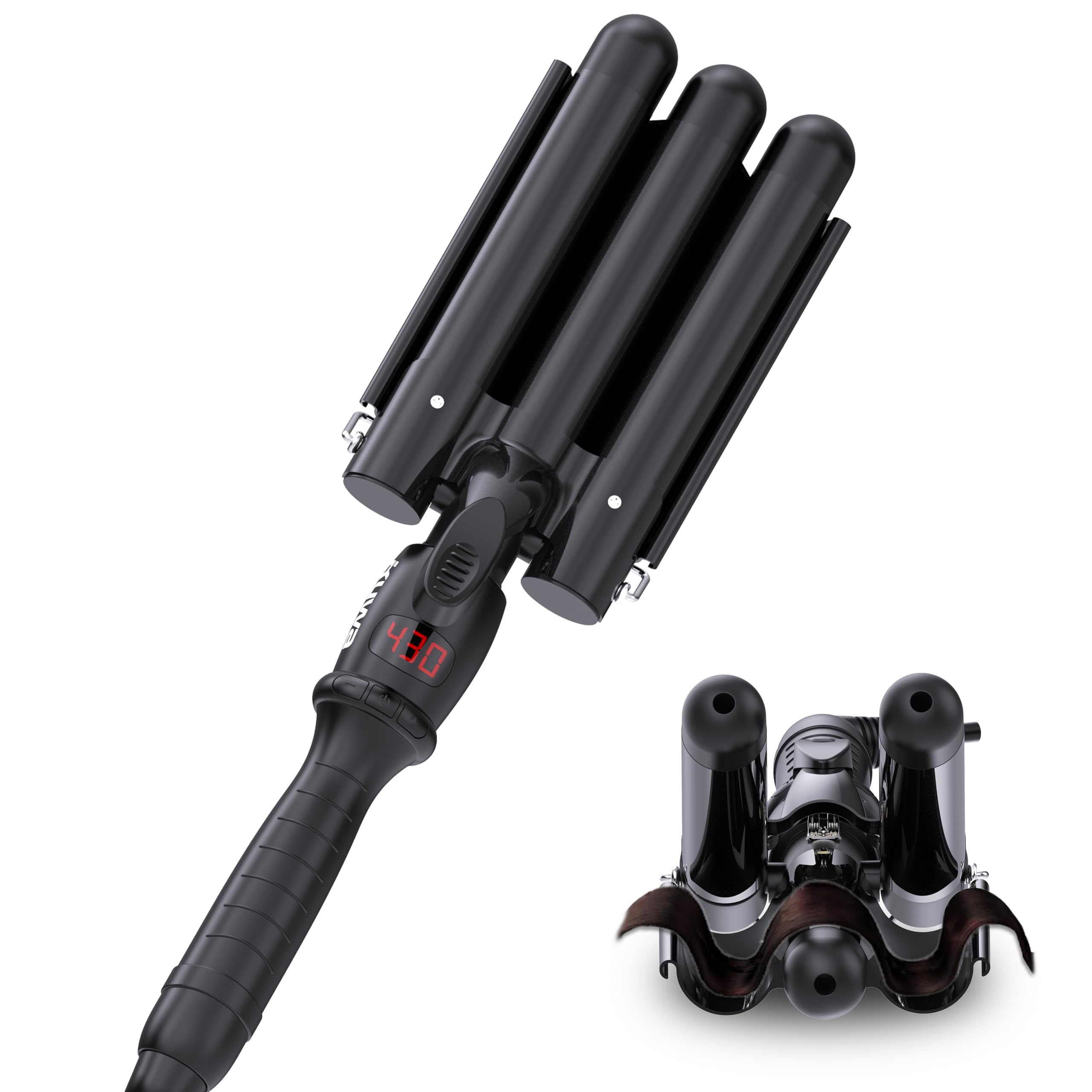 Photo 1 of kuwa Crimper Hair Tool,Beach Waves Curling Iron,3 Barrel Curling Iron,Hair Crimper for Women,HairWaver with LCD Temperature Display
