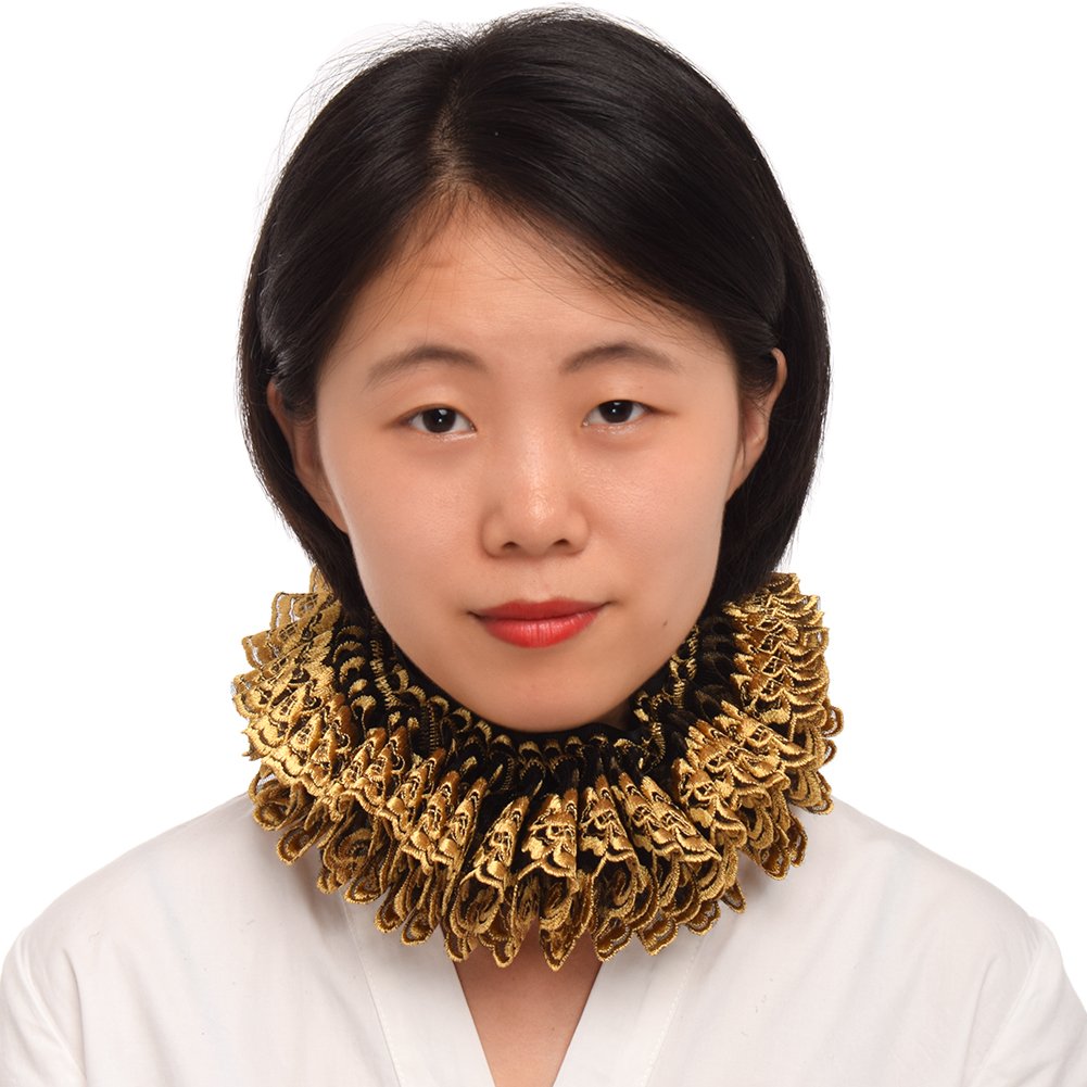 BLESSUME Vintage Renaissance Neck Ruff Gold Black Ruffled Collar Elizabethan Cosplay Gift(Size: One Size)