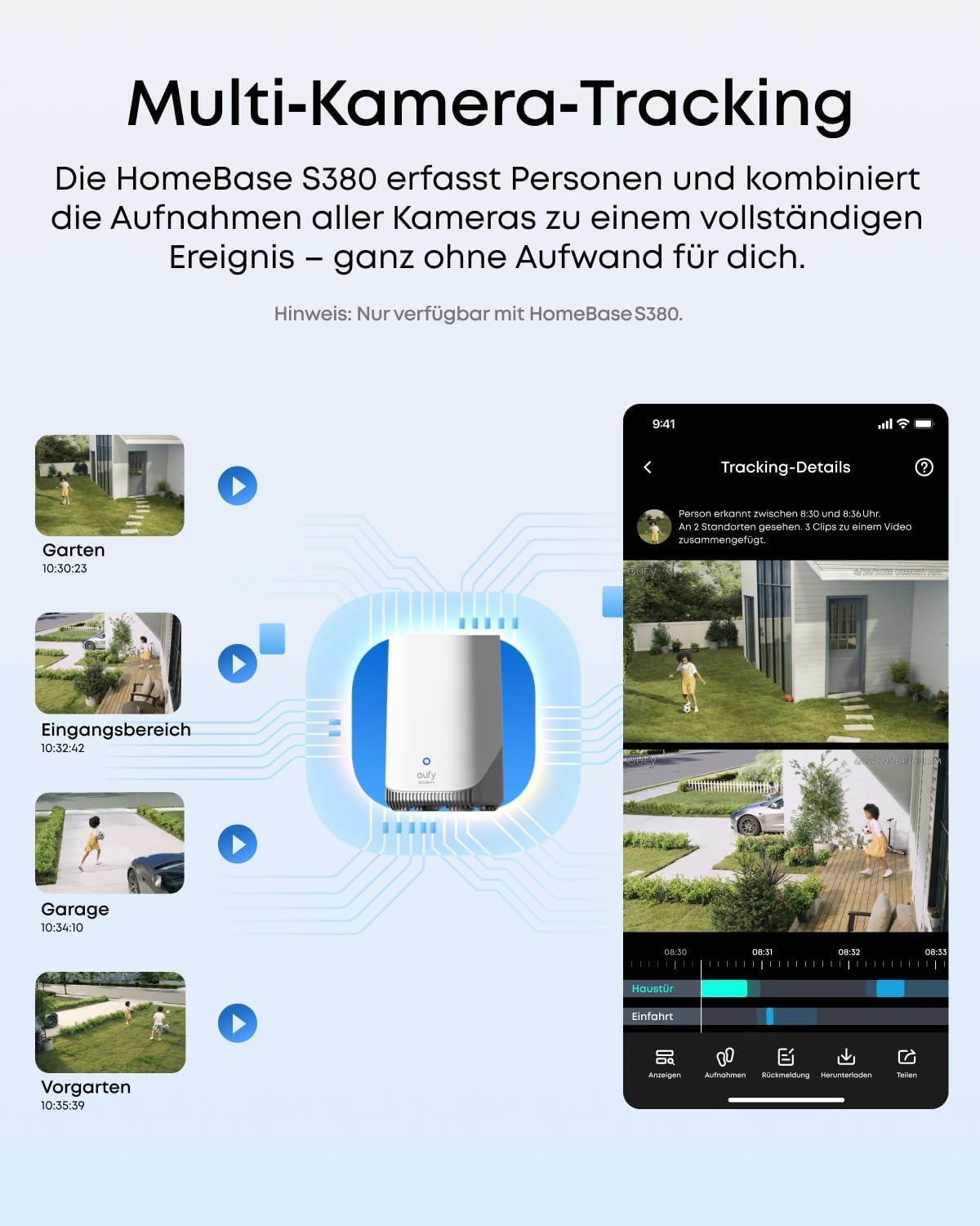 eufyCam S4 4‑Kamera‑Set, kabellose Solar‑Überwachungskamera außen, 3‑Linsen Bullet‑PTZ‑Kamera, 4K UHD, 360° Multi‑Kamera‑Tracking, Auto‑Tracking, 8× Hybridzoom, Farbnachtsicht, 16TB lokaler Speicher 4