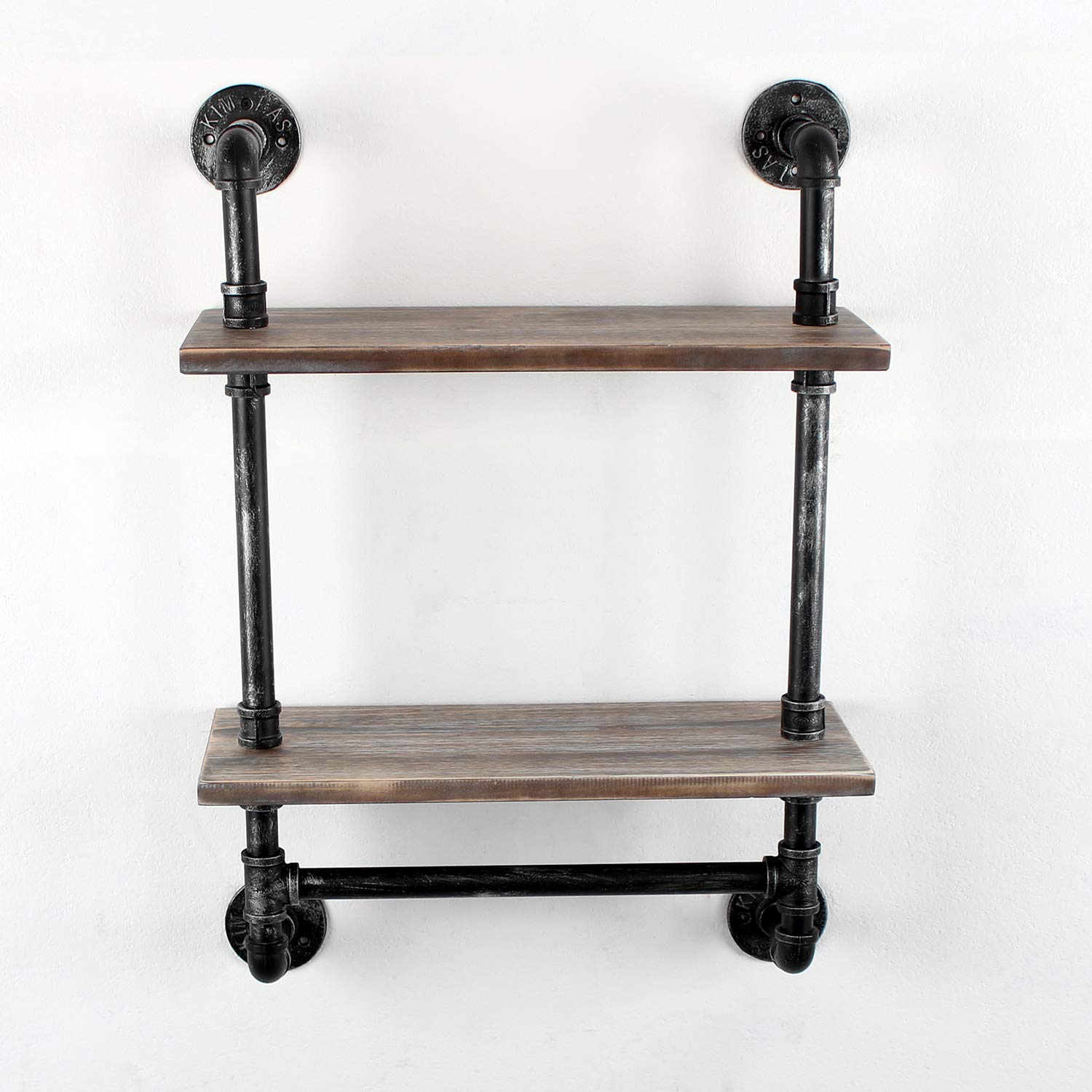 Industrial Pipe Shelf Bathroom Shelves Wall Mounted,19.6in Rustic Wood Shelf with Towel Bar,2 Tier Farmhouse Towel Rack Over Toilet,Pipe Shelving Floating Shelves Towel Holder,Retro Grey