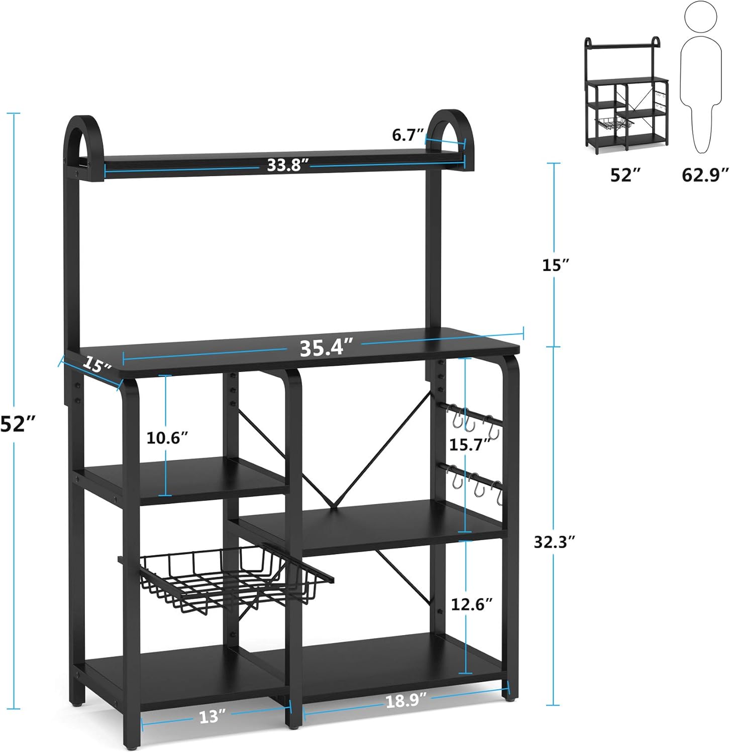 Tribesigns 35.5 inches Kitchen Baker’s Rack Microwave Oven Stand, Industrial Kitchen Cart Utility Storage Shelf Organizer Coffee Bar with Wire Basket and 6 Hooks (Black) - Standing Baker's Racks