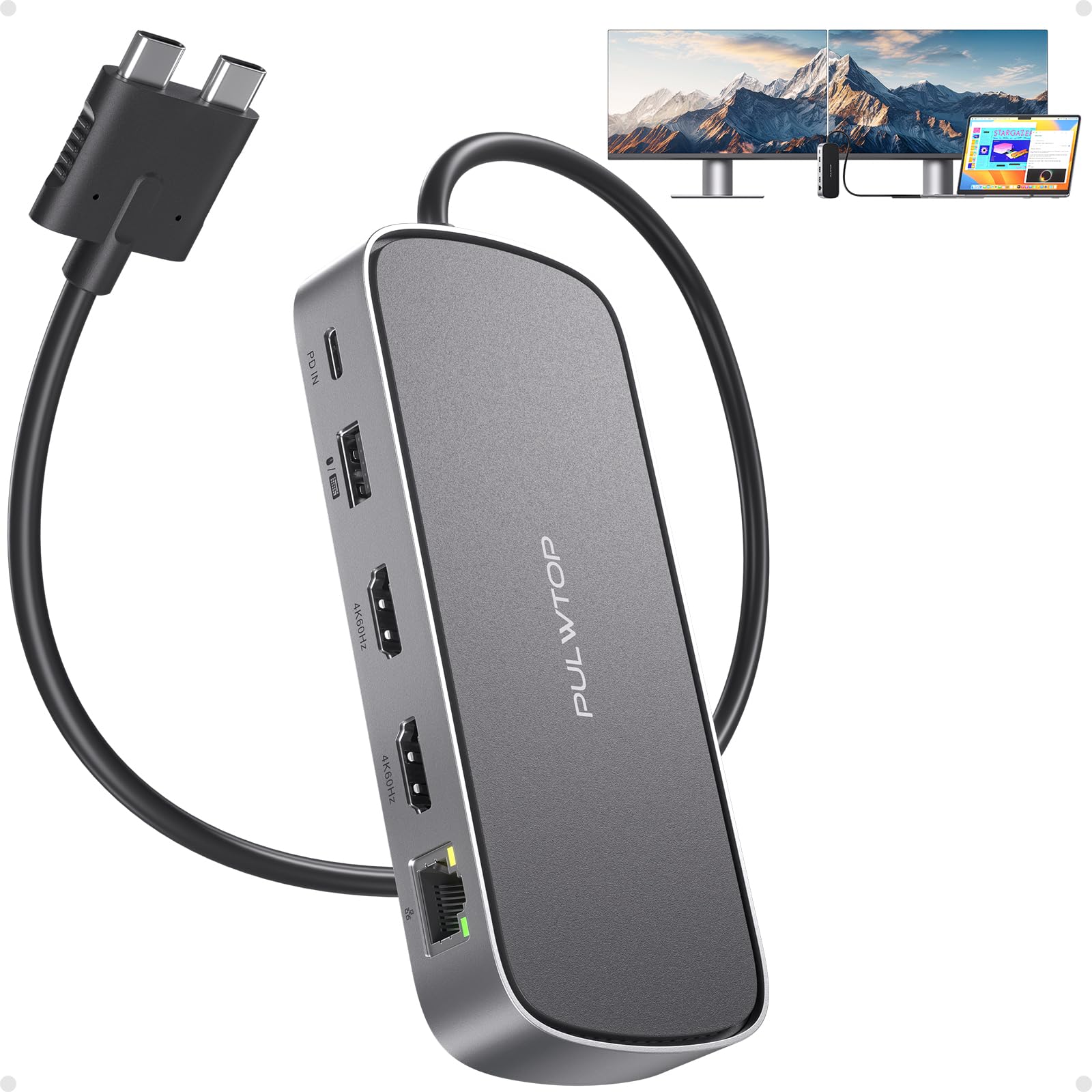 PULWTOP MacBook Dockingstation Dual Monitor 4K@60Hz für MacBook Pro/Air M5/M4/M3 Pro & Max, Dockingstation 2 monitore mit 2 HDMI Anschlüssen, PD, Ethernet, USB A/C 10 Gbit/s, SD/TF, USB 2.0