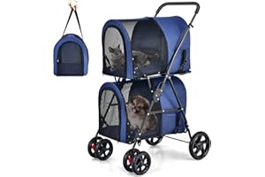 Giantex Double Pet Stroller with 2 Detachable Carrier Bags, Safety Belt, 4 Lockable Wheels, Folding Cat & Dog Stroller for Small Medium Pets, Cats Dogs Puppy Travel Strolling Cart (Navy)