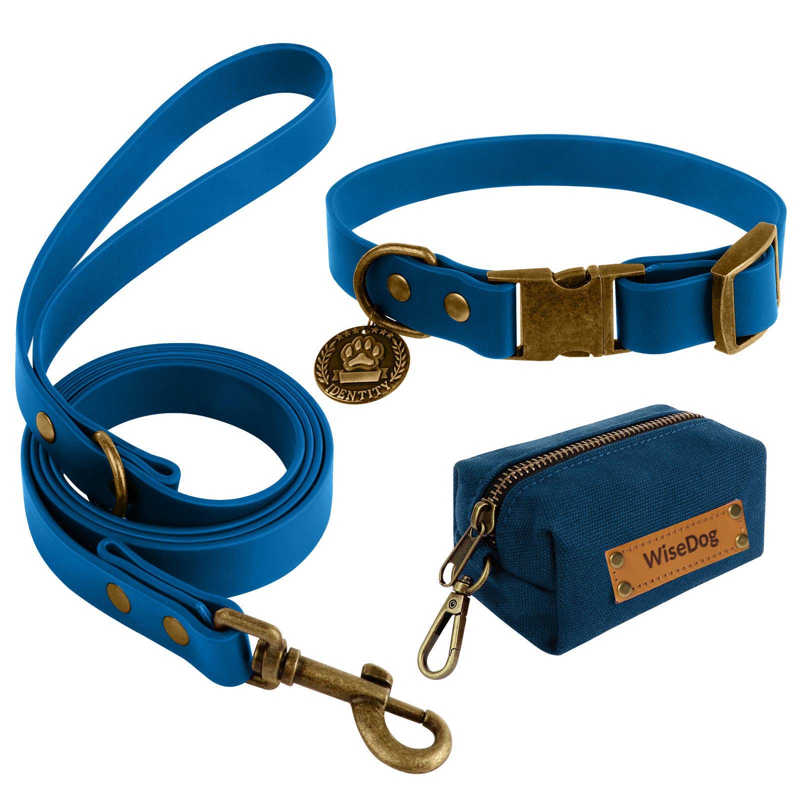Wisedog Dog Collar and Leash Set, Waterproof Adjustable Puppy Collars with Cute Tag 6FT Dog Leash with Poop Bag for Small Medium Large Dogs (L, Blue)