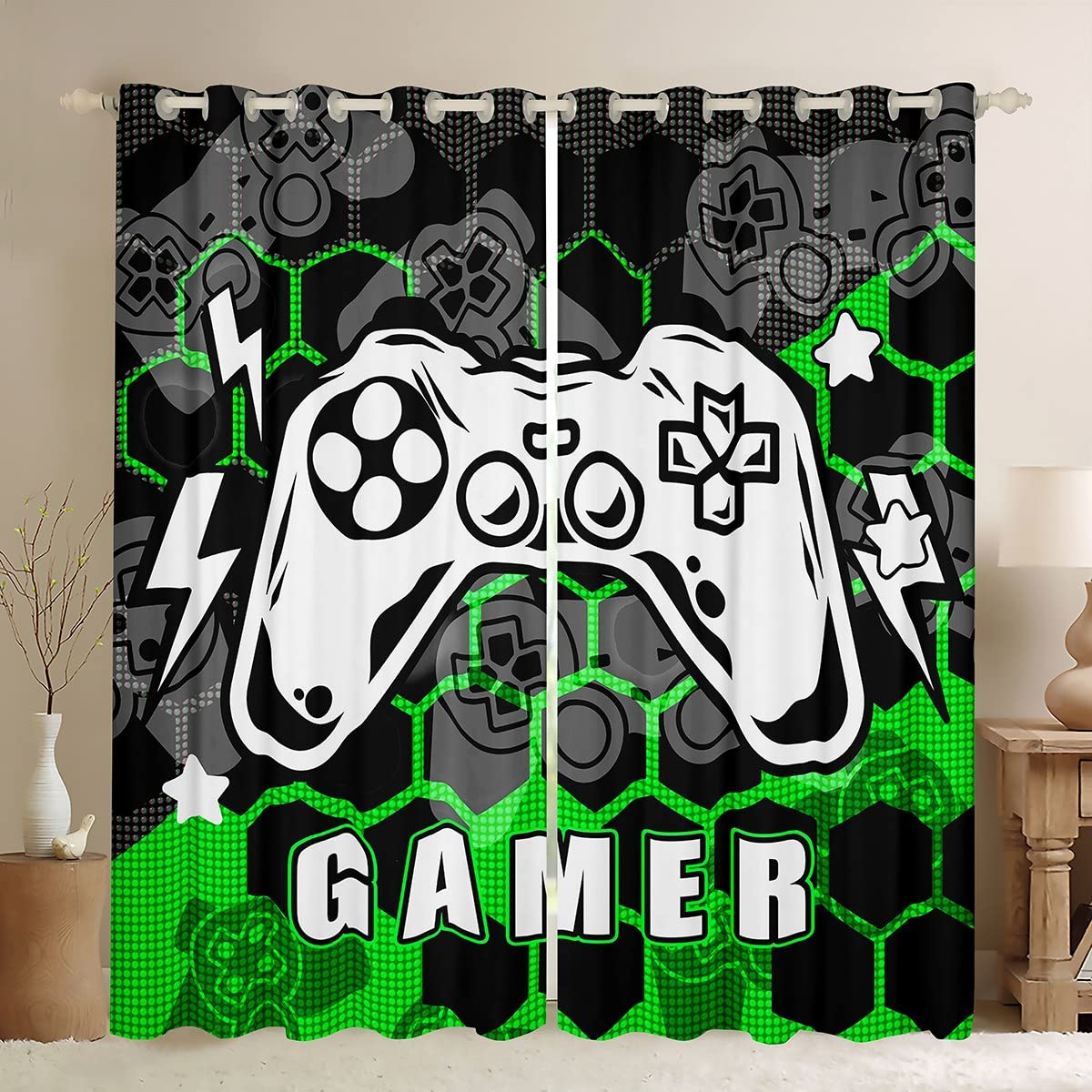 Boys Gamer Curtains Video Game Gaming Window Curtains for Bedroom Living Room for Kids Green Honeycomb Gamepad Window Drapes Stylish Window Curtains W66*L72