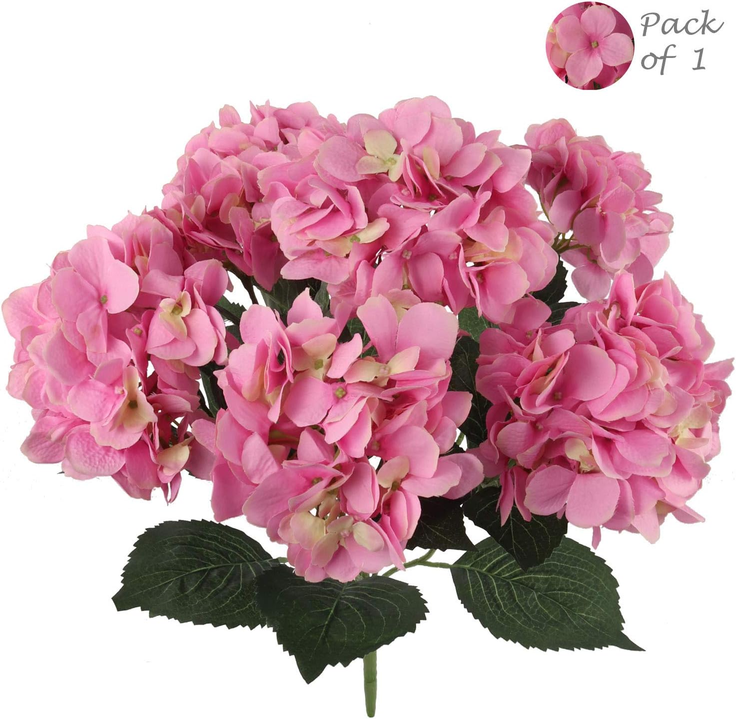Hydrangea Silk Flower Bush, Seven Heads Per Bush, Real Touch UV Resistant, Indoor & Outdoor Silk Plant with Adjustable Stem and Rich Green Leaves - Faux Outdoor Pink Hydrangeas for Wedding