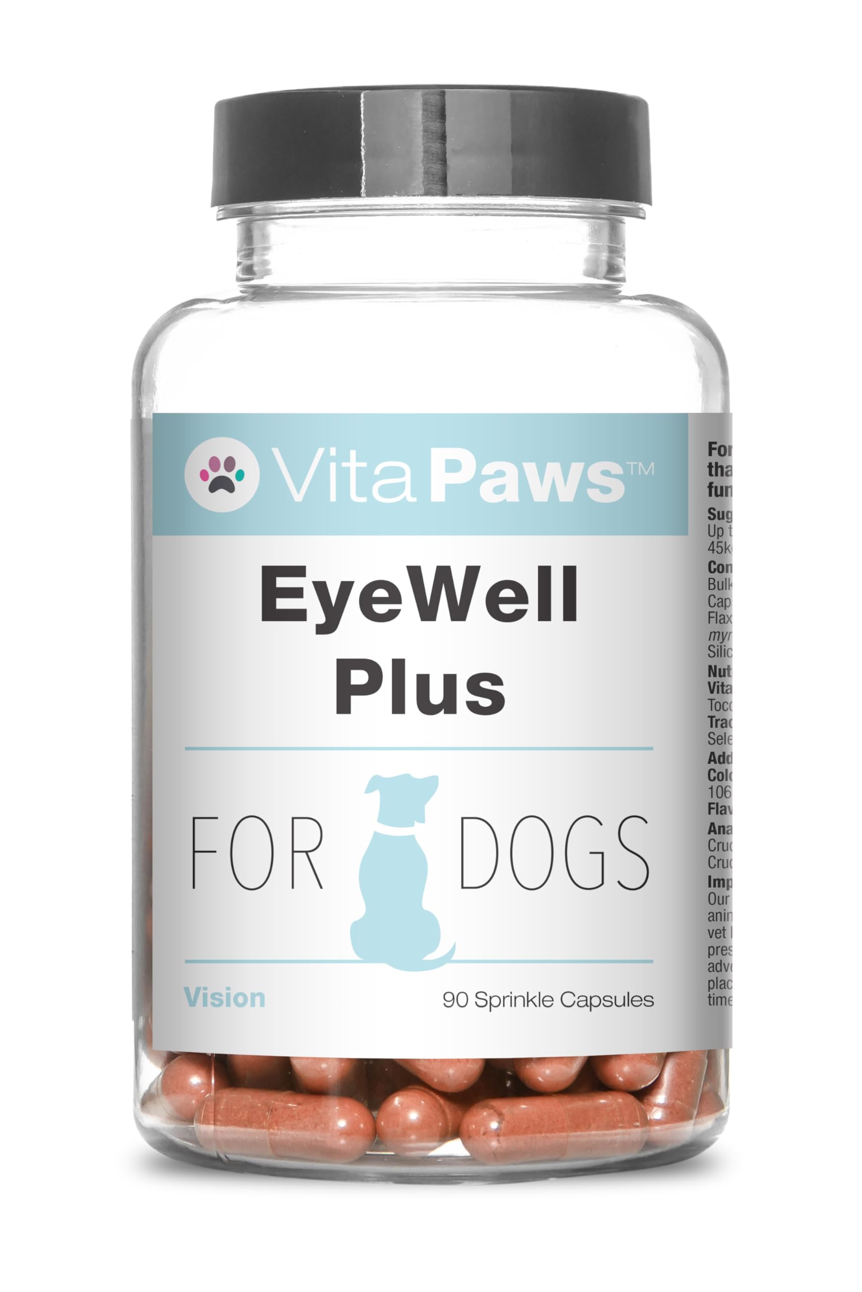 EyeWell Plus | Eye Health & Vision Supplement for Dogs | Includes Lutein, Bilberry & Vitamin C | 90 Sprinkle Capsules Ideal for Fussy Pets | UK Manufactured