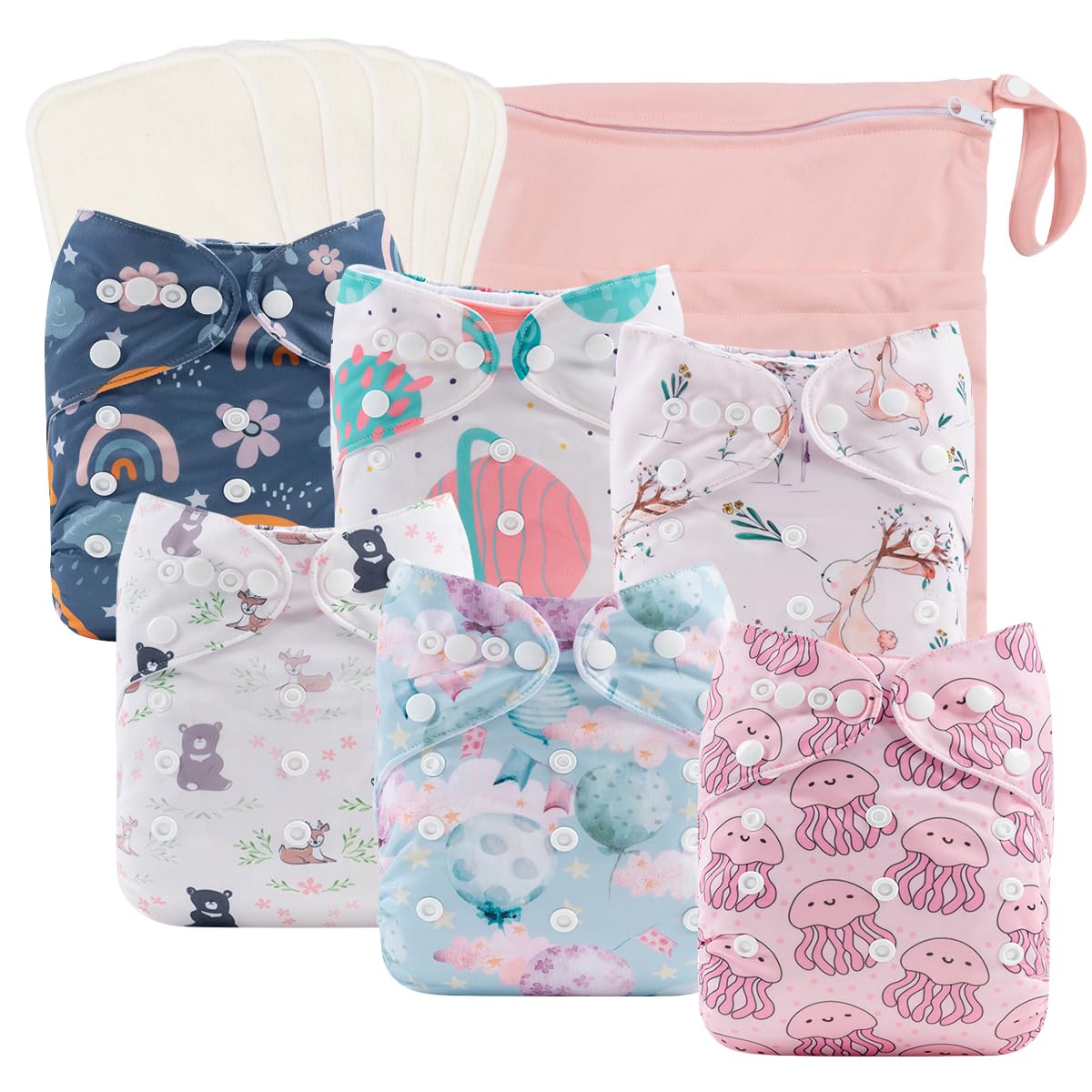 Photo 1 of babygoal Reusable Cloth Diapers 6 Pack+6pcs Rayon from Bamboo Inserts+Wet Bag, One Size Adjustable Washable Pocket Nappy Covers for Baby Girls and Boys 6FG38