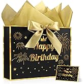 YoungTree Happy Birthday Gift Bag with Tissue Papers and 1 Greeting Card Ribbon,Portable Paper Gift Bags with Handles,Black Gold Present Bags for Happy Birthday Decorations Supplies 12.6" x 9.8" x4.3"