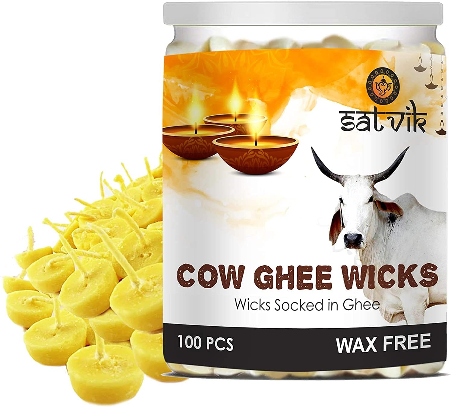 Oil Lamps & Accessories - Satvik 100 Pc Pure Cow Ghee Wicks (Upto 30 Mins) Readymade Cow Ghee Cotton Wicks Diya / Puja Batti for Your Daily Pujan Essential