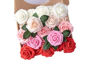 N&T NIETING Artificial Flowers 25pcs Real Looking Artificial Roses with Stems for Valentine's Day Mother's Day Wedding Bridal Bouquet Party Baby Shower Cake Decoration, Series Red