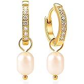 Pearl Earrings for Women, 14K Real Gold Plated Trendy Dangle Pearl Drop Earrings with 5A+ Cubic Zirconia, Gifts for Her