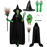 Green Witch Costume Women, 7PCS Halloween Costume Accessory Set Adult | Contain Witch Hat, Black Hooded Cape, Magic Broom, Green Gloves with Nails, Glasses, Green Color Decorative Face Body Kit