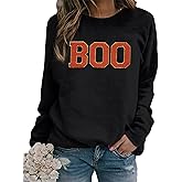 MYHALF Halloween Sweatshirt for Women Boo Embroidered Sweaters Cute Spooky Season Shirt Long Sleeve Fall Winter Pullover Tops