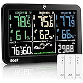 OBET Weather Station Wireless Indoor Outdoor Thermometer Wireless, Color Display Digital Temperature and Humidity Monitor with 3 Sensors, Alerts, Adjustable Backlight, USB Port (500 Feet)