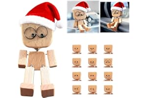 Shaking Wooden Man, with Christmas Hat & White Beard,Shaking Wooden Man Figurine for Car Dashboard,Handmade Shak Feet Woodens