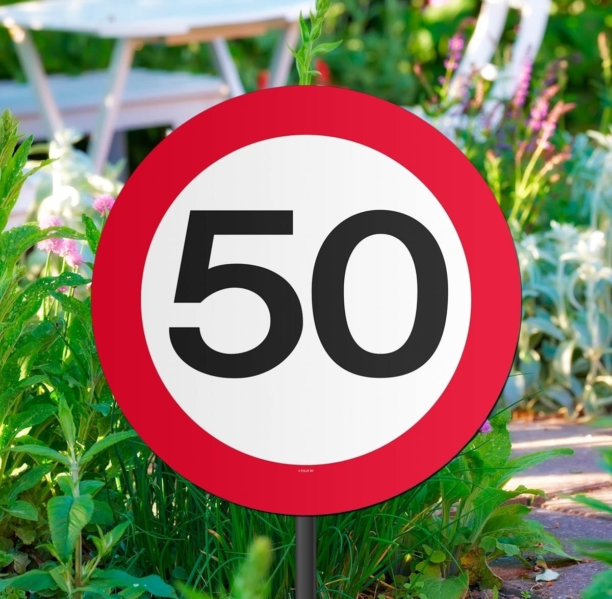 Traffic Sign 50th Party Garden sign, 44cm x 26cm x 1cm. Coated Card with Plastic Stick